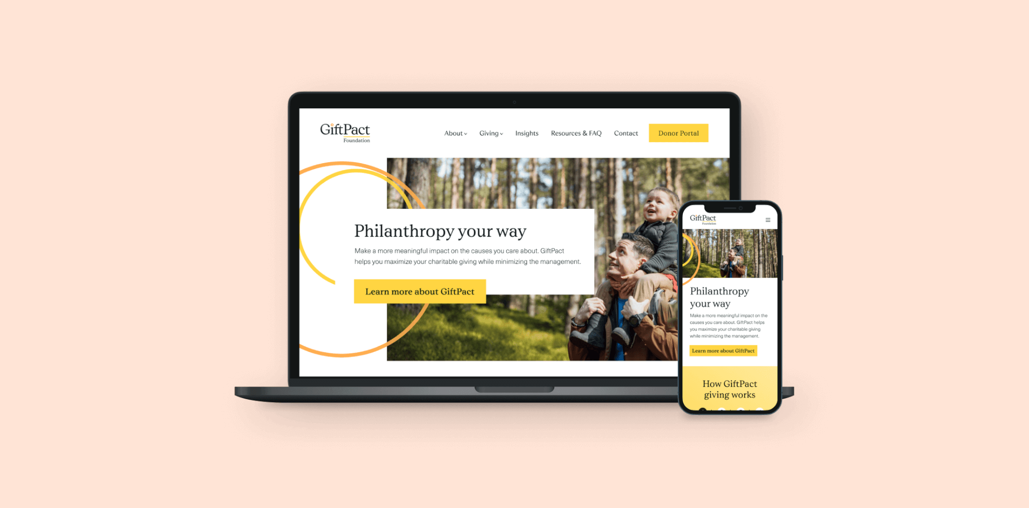 GiftPact home page on laptop and mobile screens