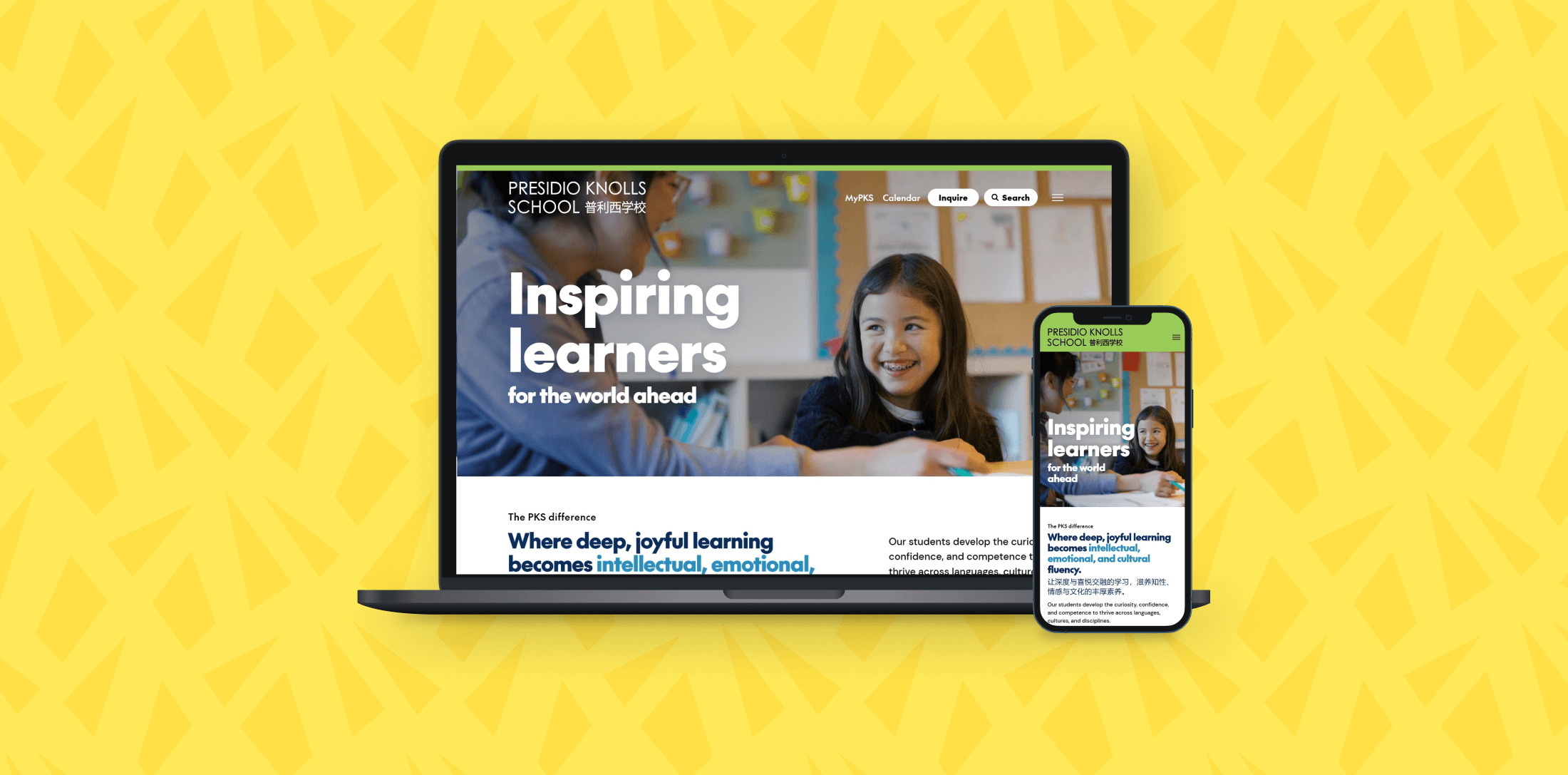 Presidio Knolls School home page on laptop and mobile screens