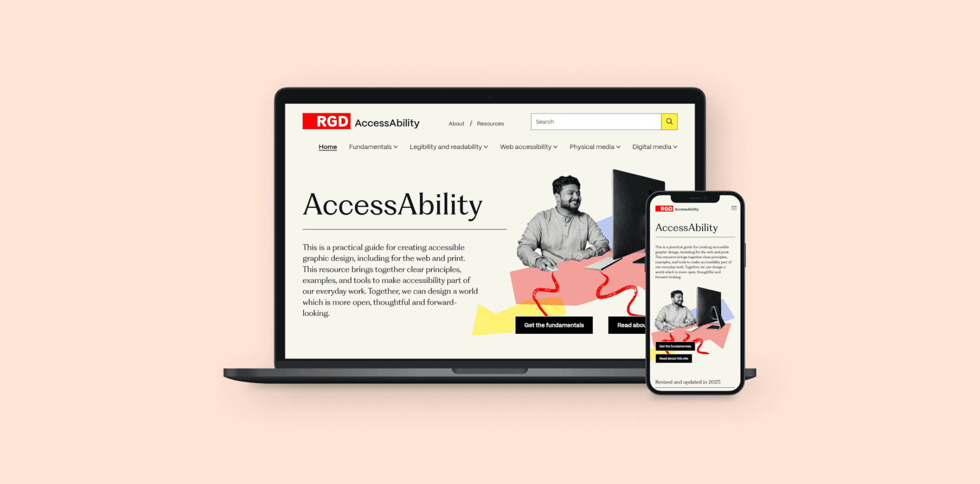 RGD AccessAbility home page mockup on laptop and mobile screens